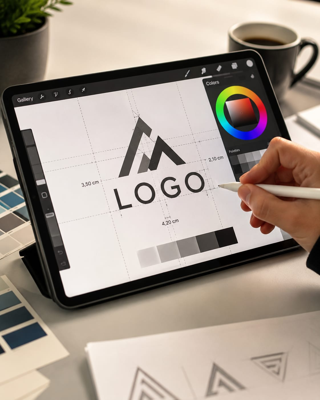 Diseño de logo en tablet con paleta de colores